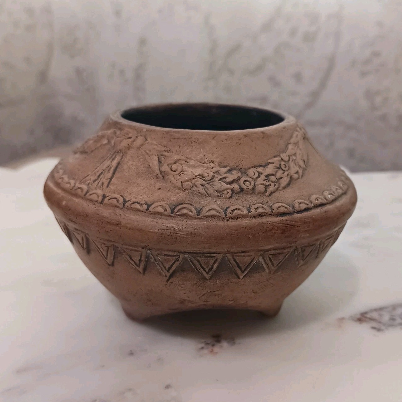 Antique Nippon Earthenware Tripodal Incense Bowl Floral Swag Triangle Relief