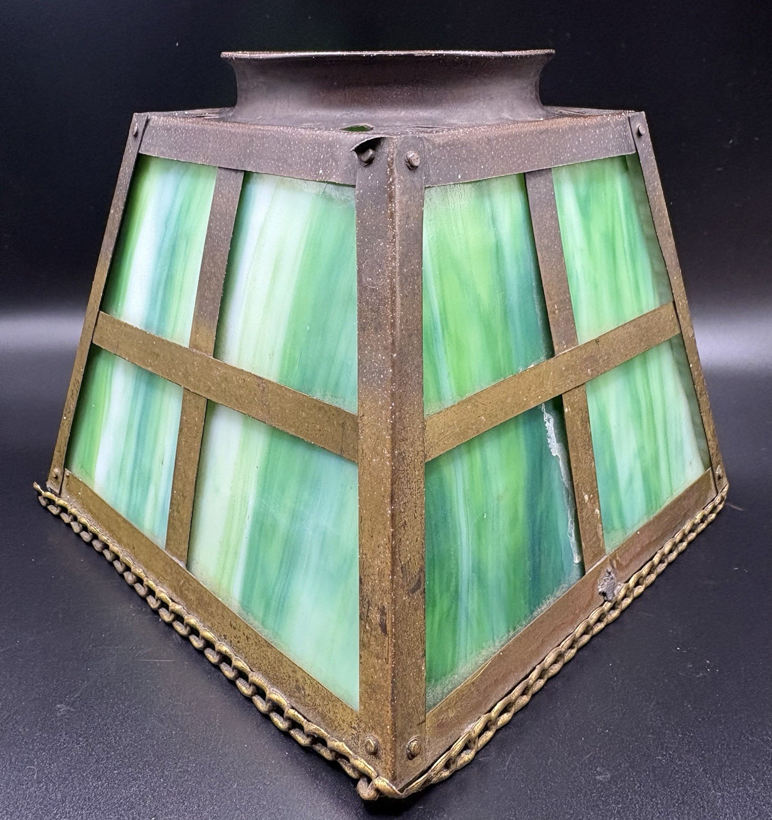 Art Deco Mission Arts & Crafts Brass Hanging Lamp Green Slag Stained Glass Shade