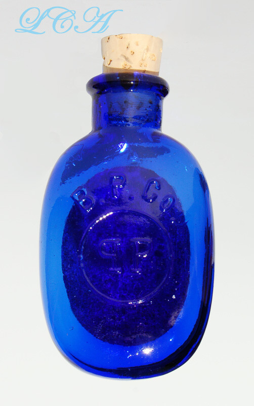 Wonderful DEEP BLUE colored JOHNSON JOHNSON antique PILL bottle w/ qp motif