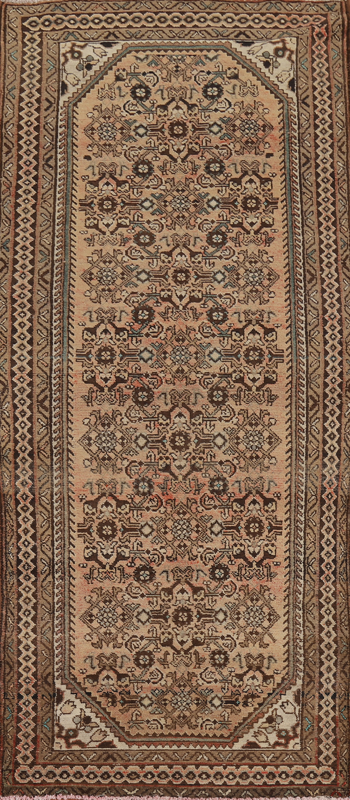 Vintage Muted Rust Geometric Hamedan Runner Rug 4×10 Wool Hand-knotted Carpet