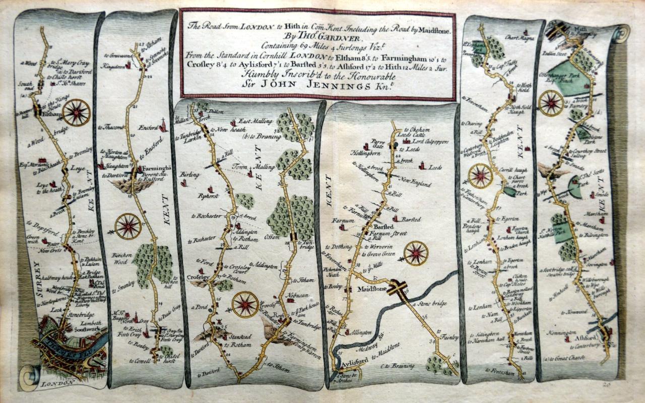 LONDON TO HYTHE KENT ROAD MAP BY JOHN OGILBY REDUCED BY THOMAS GARDNER c1719