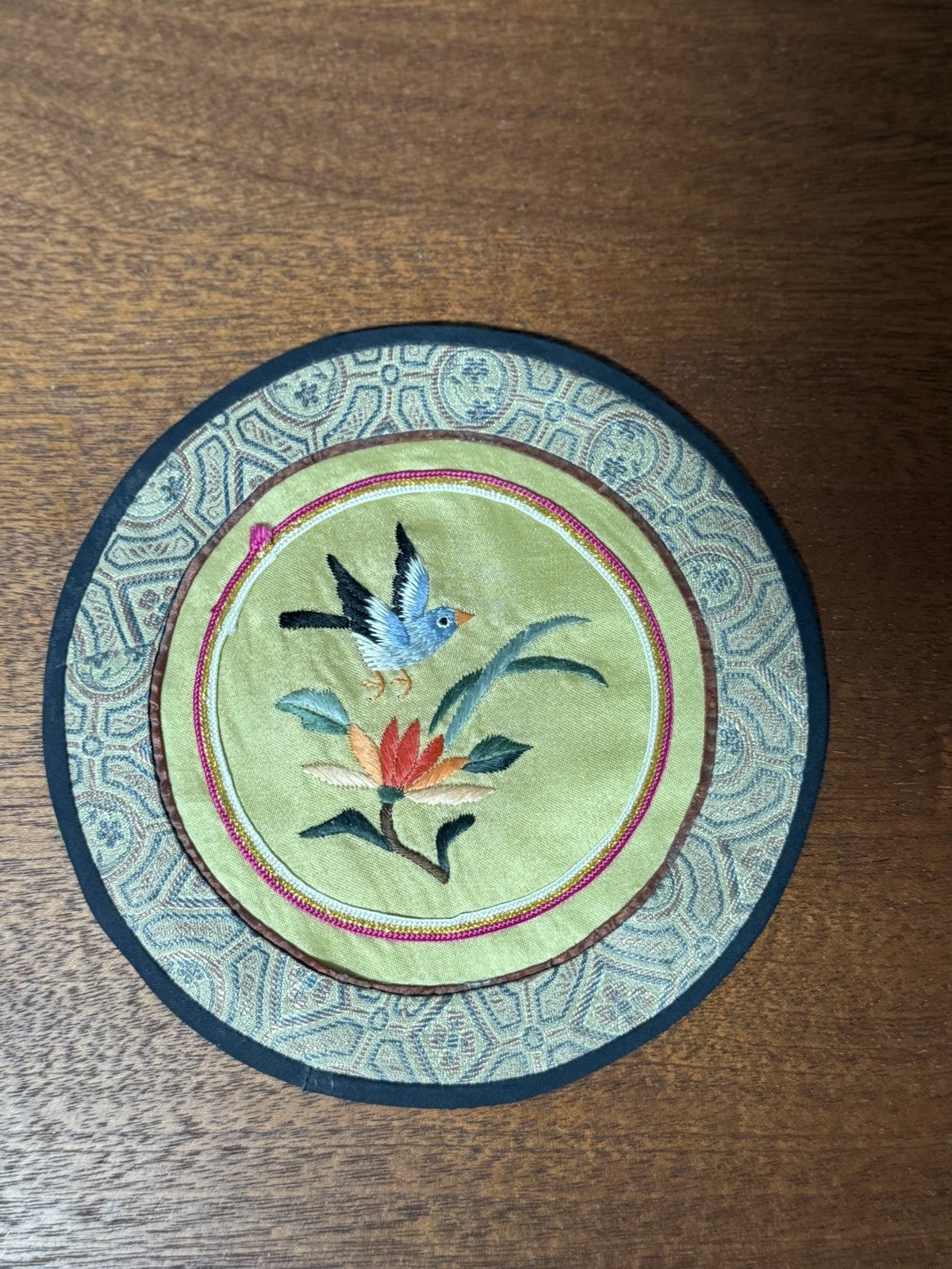 Chinese Silk Embroidery Bird Floral Round Panel Vintage Textile Decor