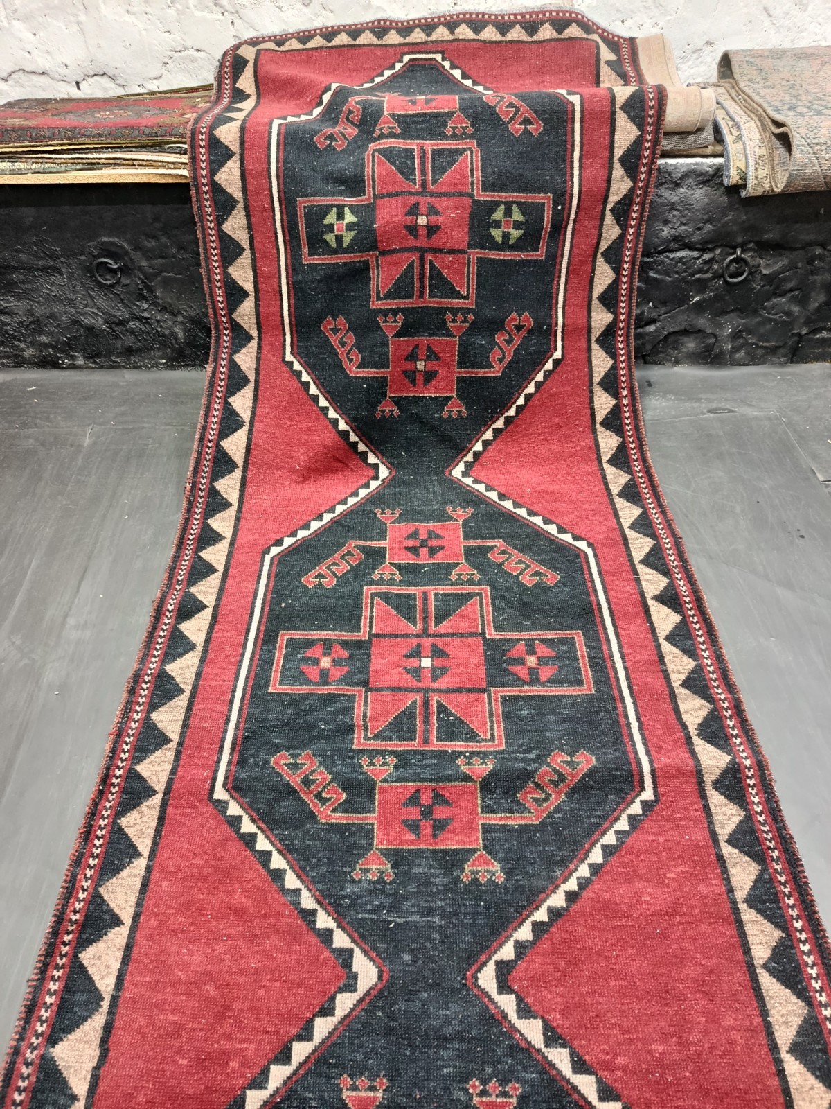 Red Antique Oriental Handmade Runner, 4.1x13ft, Geometric Entryway Runner Rug,