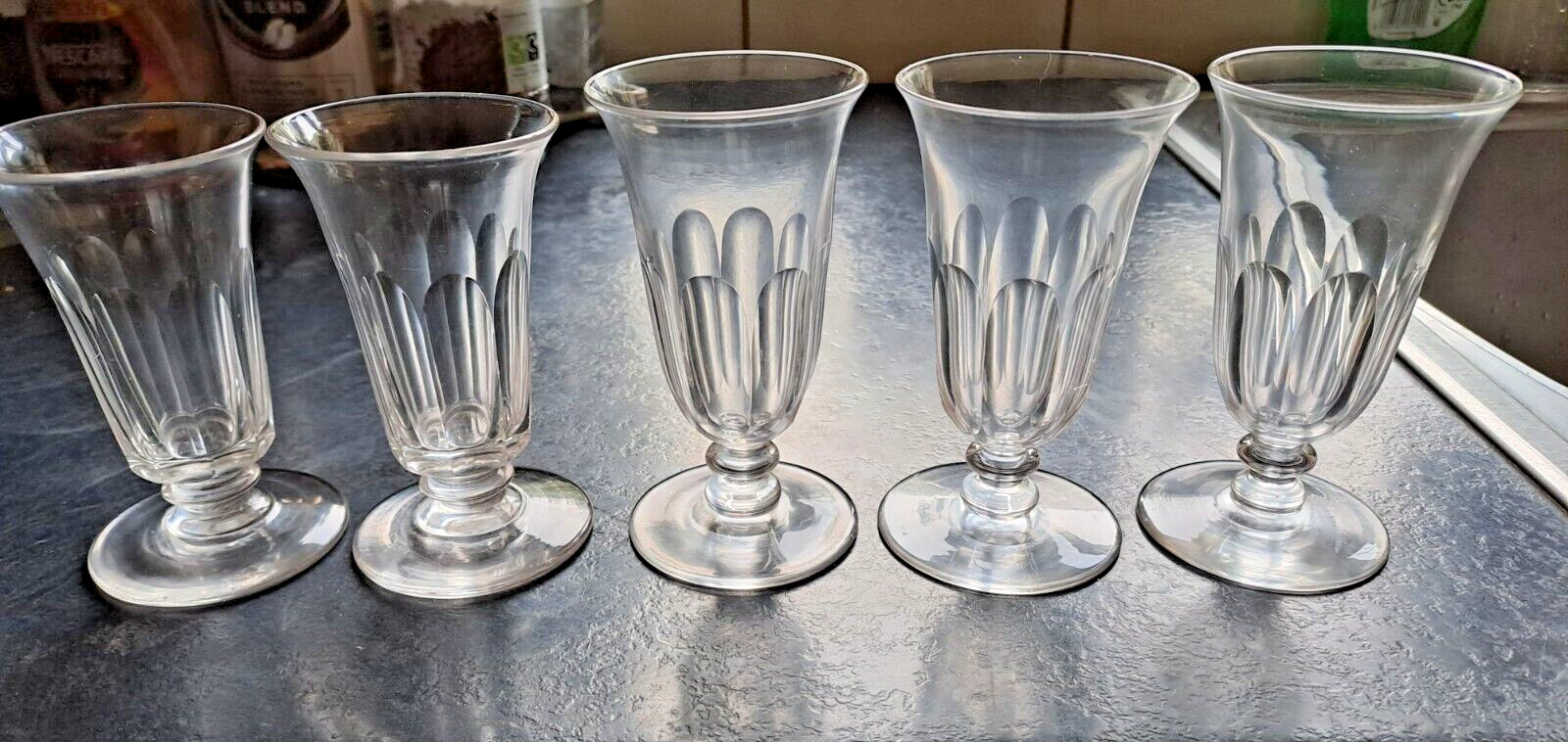 Antique Georgian Victorian Jelly Deceptive Glasses x5, Hand Blown, Disc Knops
