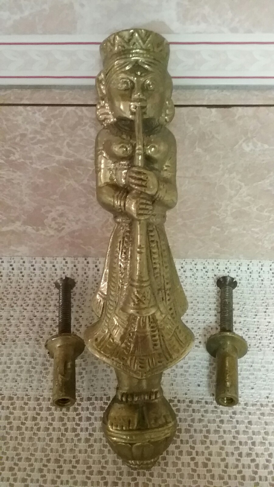 Antique Solid Brass Tibetan Buddhist Door Handle Pull Figural w/Orig Hardware