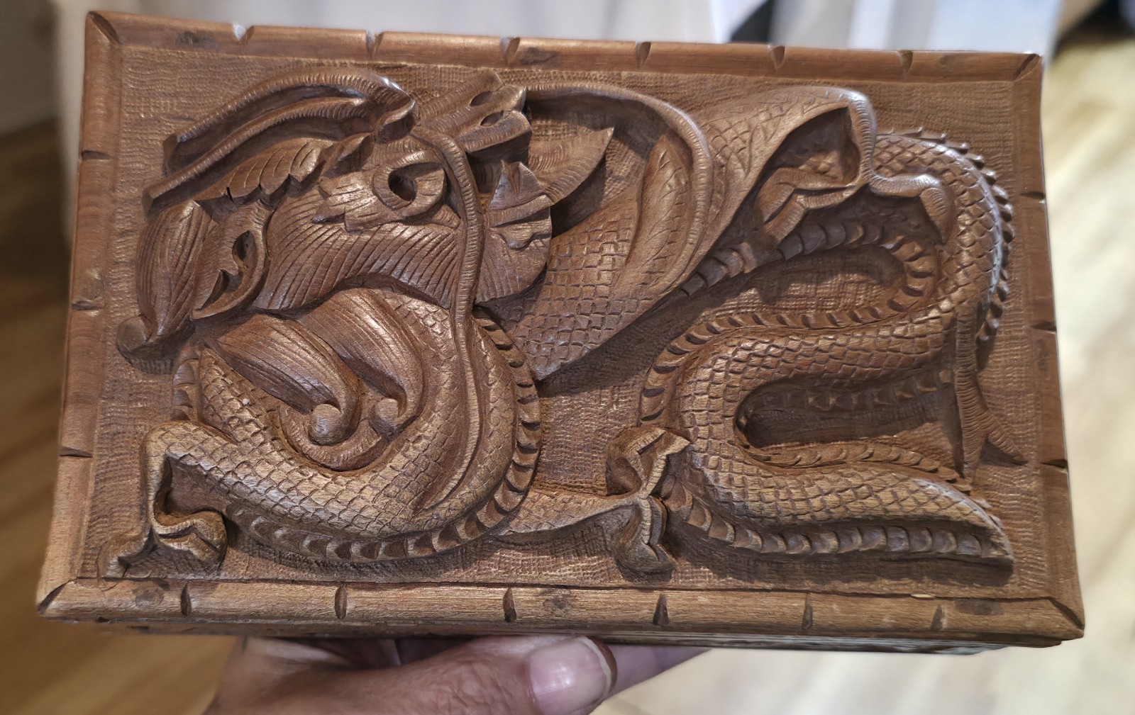 Vintage Carved Walnut Wood Dragon Secret Puzzle Box Trinket /Jewelry 8x5x3.25 In