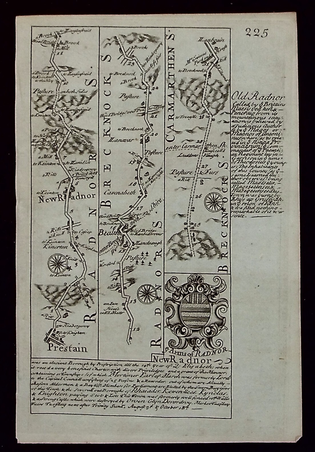 PRESTEIGNE, NEW RADNOR, LLANDOVERY, CARMARTHEN, original antique map, Bowen 1720