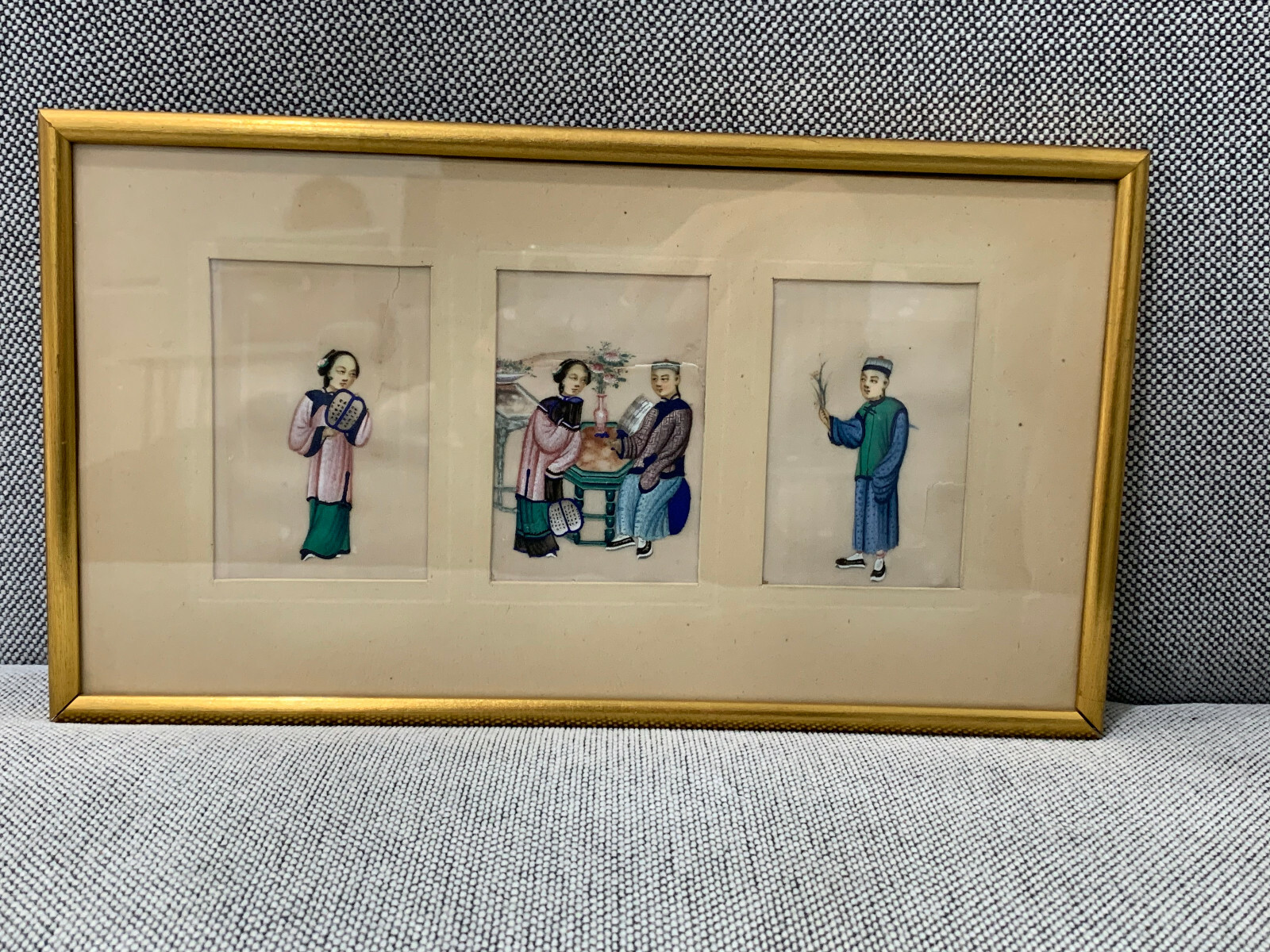 Antique Chinese Qing Dynasty 3 Framed Rice Paper Pith Paintings Man & Woman