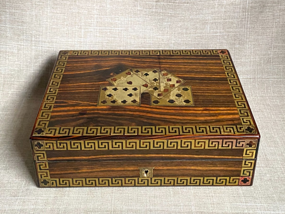 Antique c1840 Regency Revival Coromandel Wood Game Box Brass Inset Playing Cards