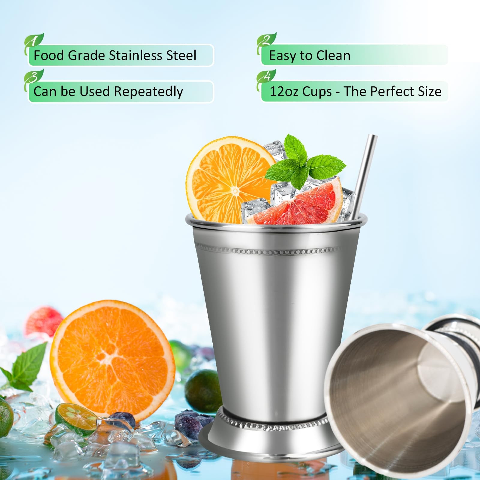 Mint Julep Cups，Silver Cups，Stainless Steel Glasses Set,Each holds 12 ounces,…