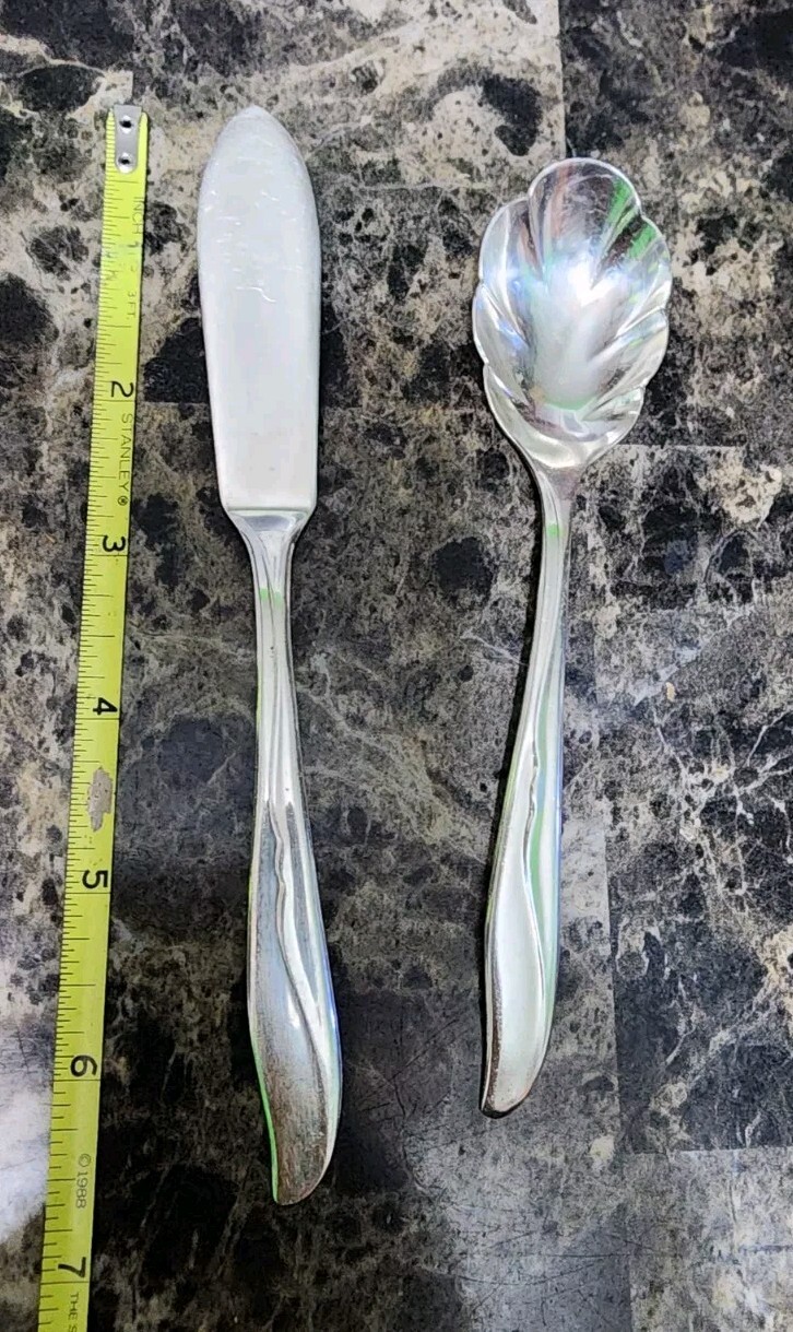 MID-CENTURY c1956 SEA WINGS🪽SILVERPLATED MASTER BUTTER KNIFE & SUGAR SPOON🧈🍚