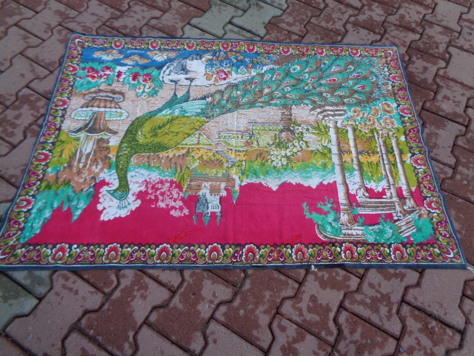 4.4×3 Ft Peacock In The Palace Themed Vintage Wall Hanging Rug, Animal Rug DV