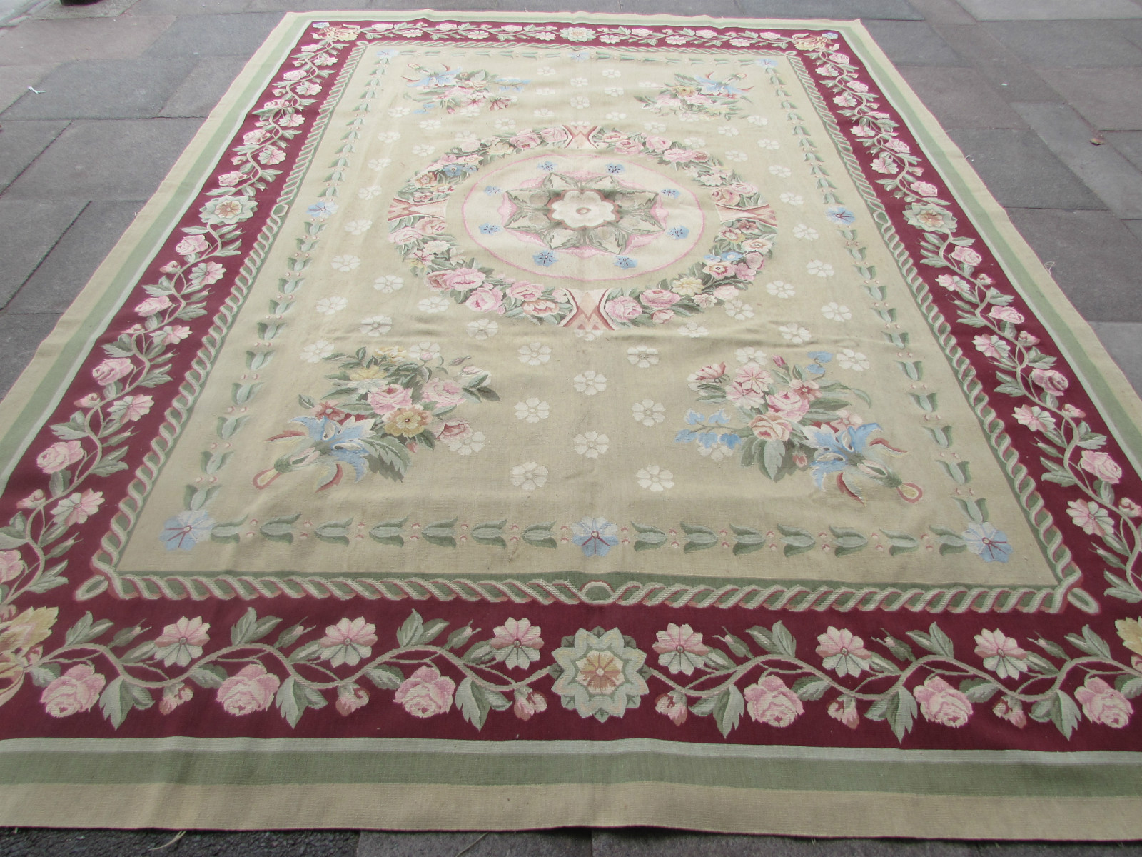 Old Hand Made French Design Wool Green Original Aubusson 365X273cm 12×9