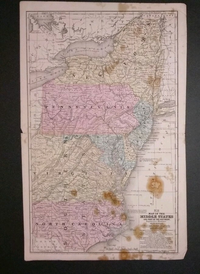vintage map 1852 Middle States USA Mitchell Maps