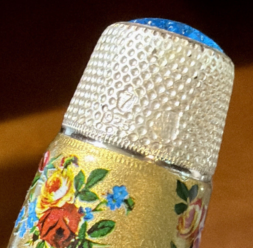 Vintage Sterling Silver Enameled Floral Thimble Sky Blue Glass Top Crown Size 7