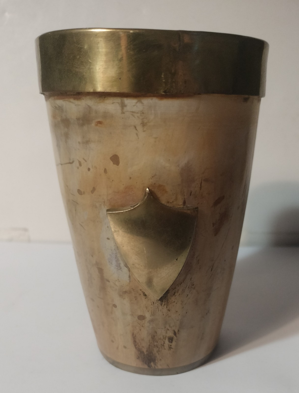 19th Century Antique Horn Antler Beaker With Brass Trim and Shield