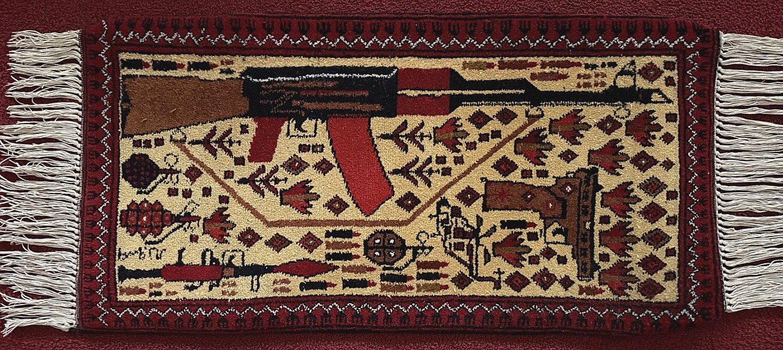 Vintage Afghan War Rug — Handwoven Wool Pictorial Rug, 52″ x 20″ (with fringe)