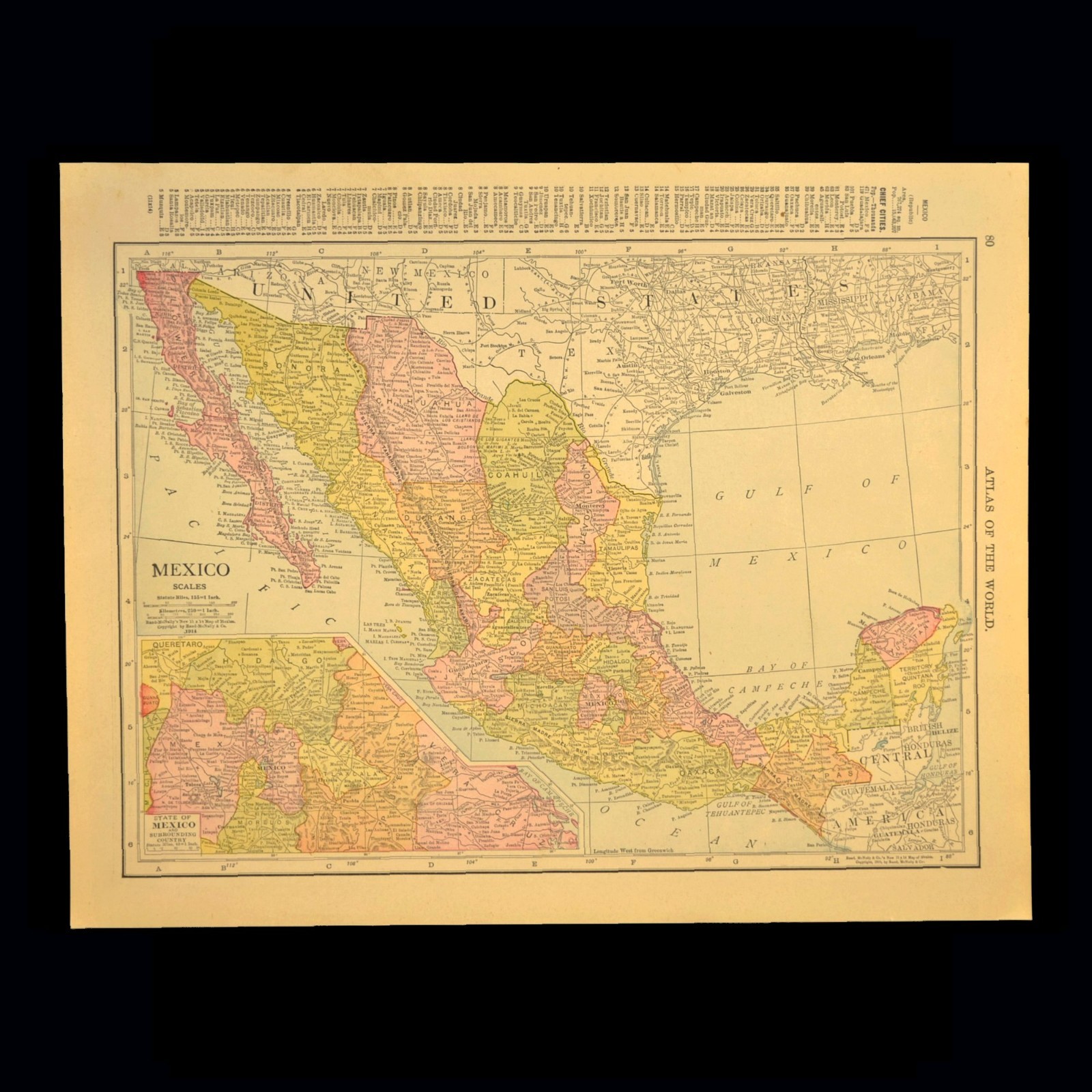1914 Antique MEXICO Map of Mexico City British Honduras Original Atlas DATED