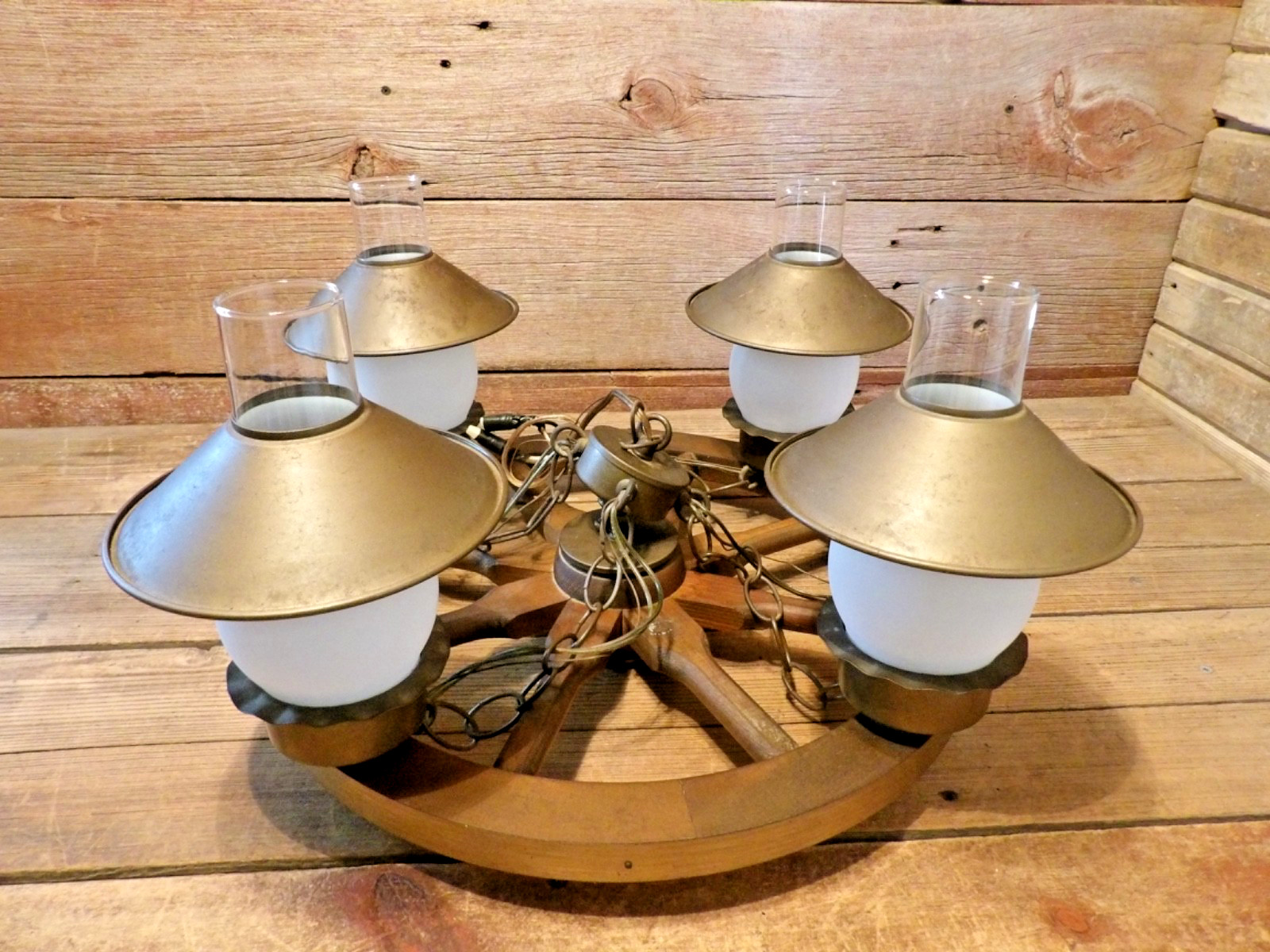 Midcentury Western Wood Brushed Copper Wagon Wheel Ranch Ceiling Light Fixture