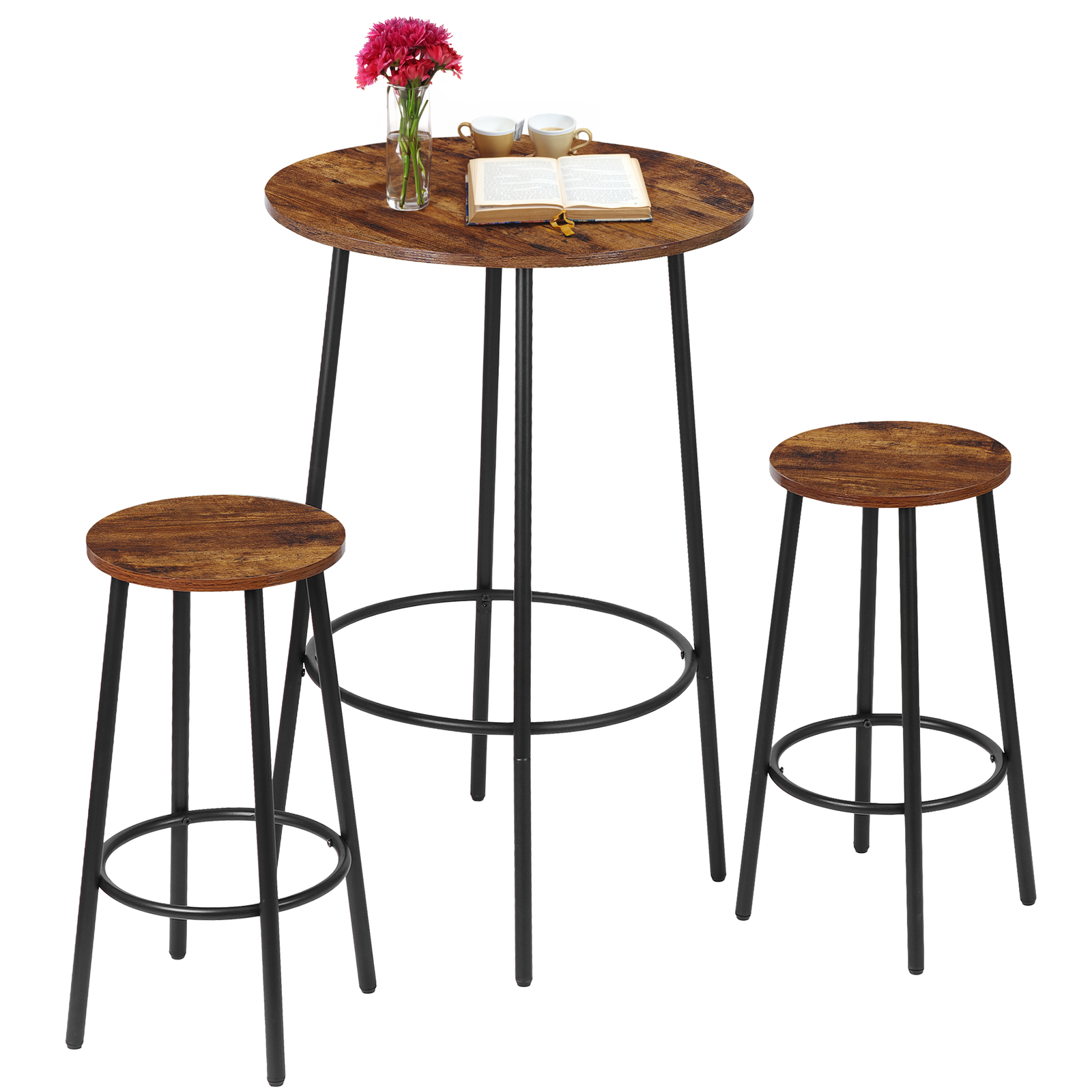 3 Piece Pub Dining Table Set Wooden Round Breakfast Tables w/2 Bar Chairs Stools