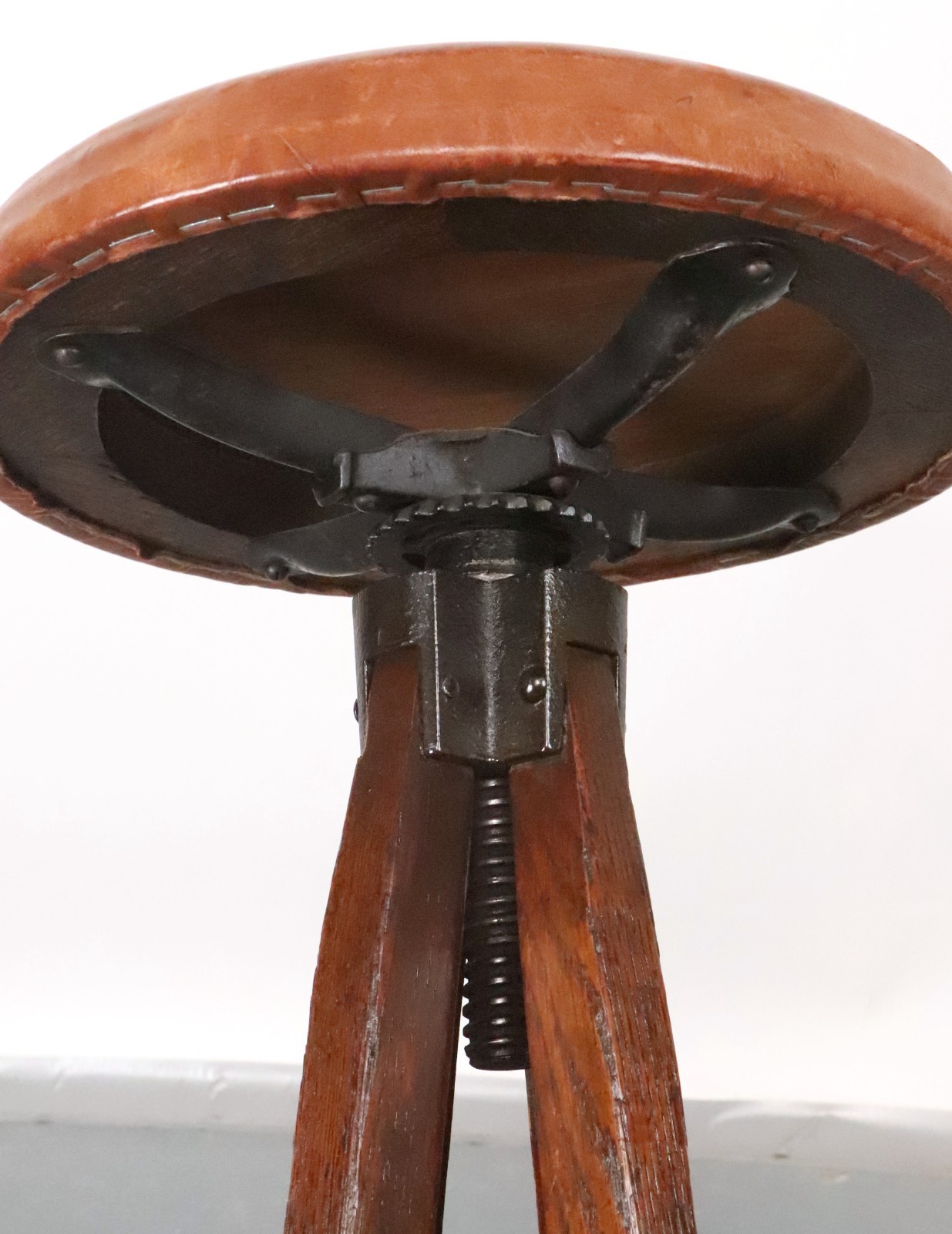 Antique Industrial Adjustable Oak Drafting Stool