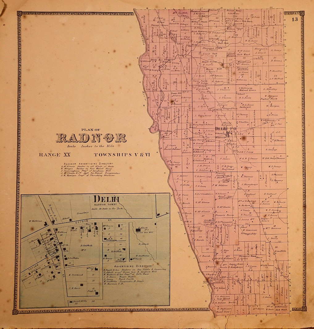 Antique 1866 Map ~ Radnor Township, Delaware County, Ohio – Delhi (14×14)
