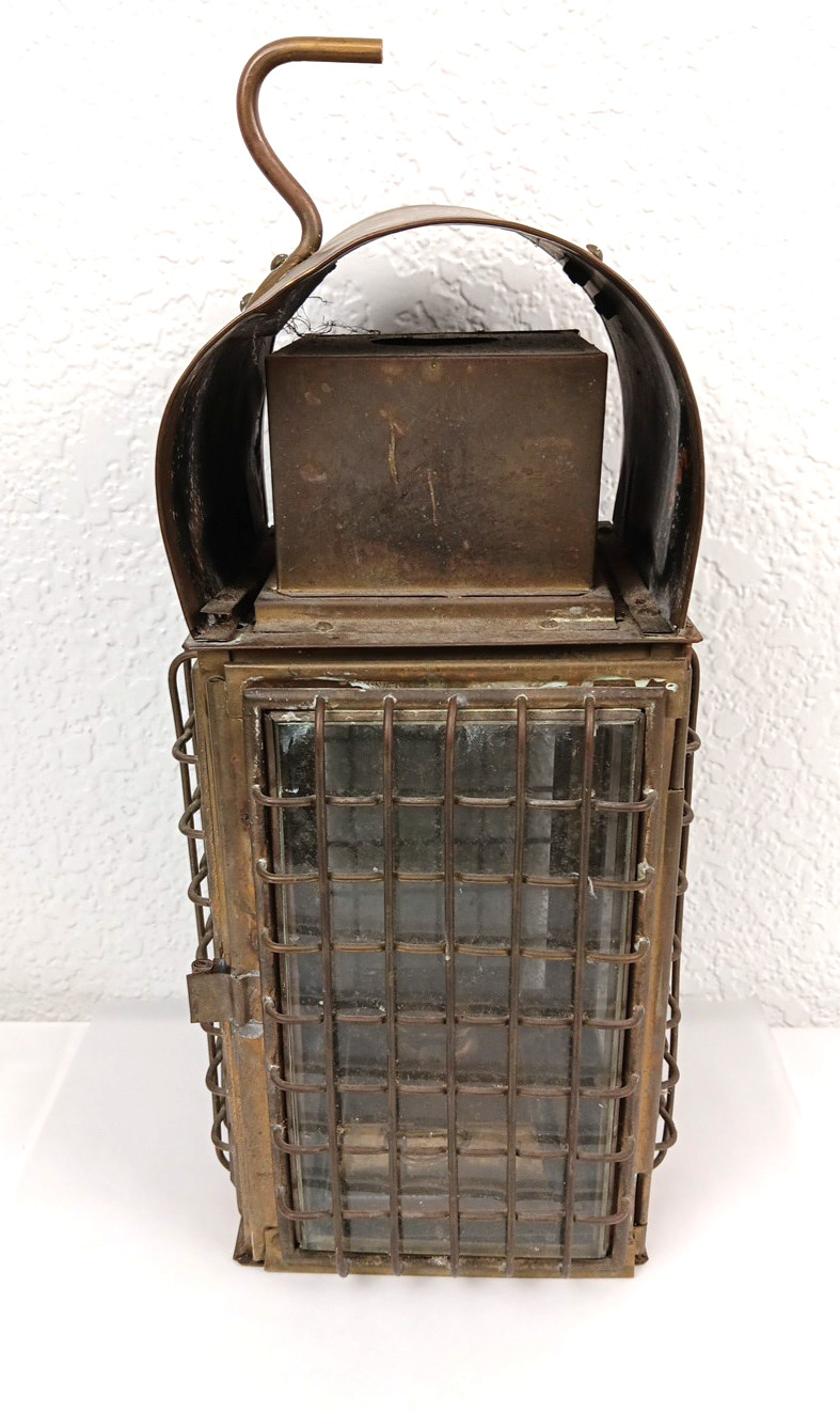 Vintage 15″ Brass Kerosene Lantern Stall Lamp Caged Glass Wedge?