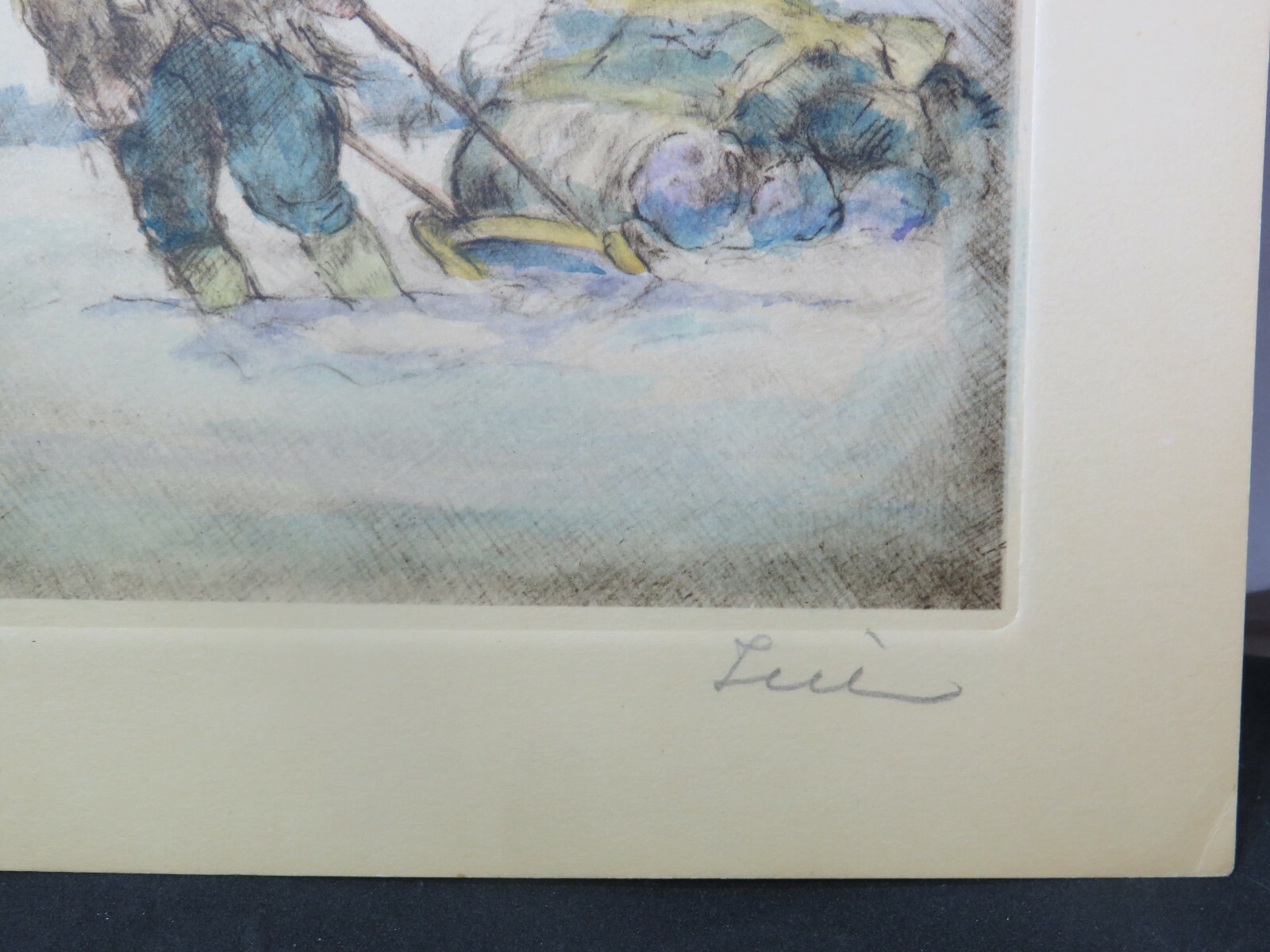Vintage Etching By Willy Seiler original hand colored etching Man Pulling Sleigh