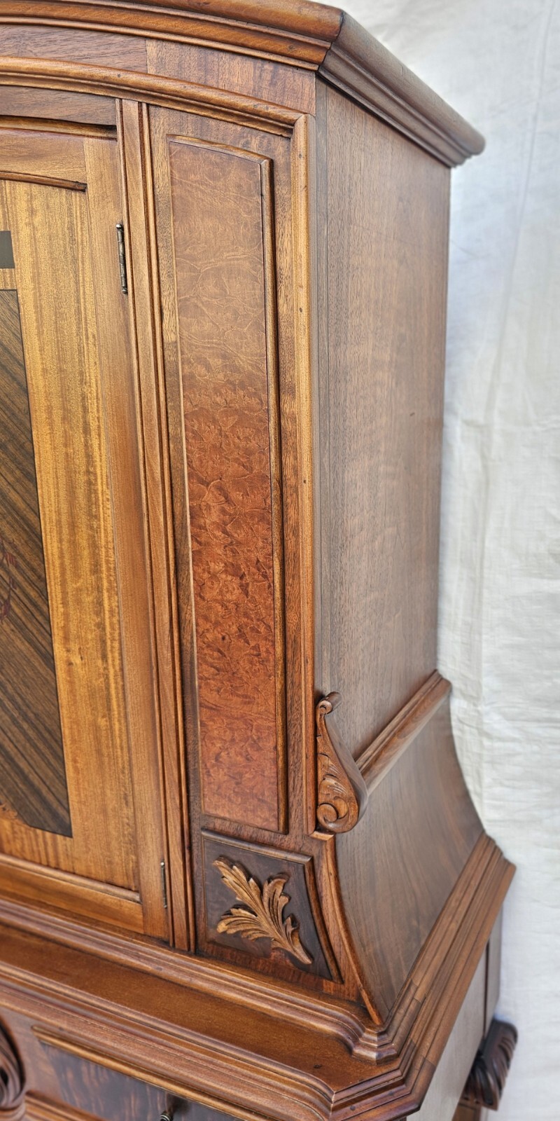 Antique 1920s Rockford Carved Walnut w/ Marquetry Bar or China Cabinet Hutch