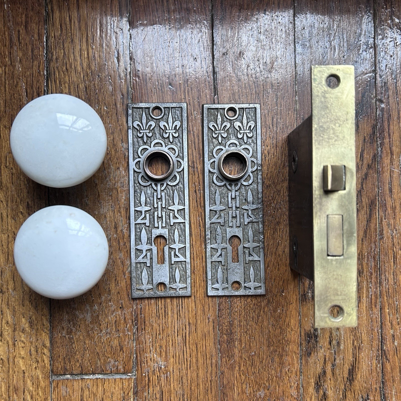 Antique Door Hardware Set w/ Porcelain Door Knobs, Mallory & Wheeler H-24400