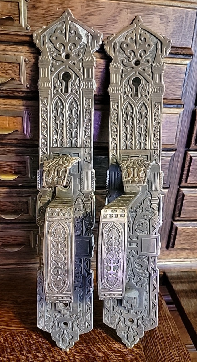 Rare Russell & Erwin Ornate Bronze Business Mansion Estate Eastlake Door Pulls