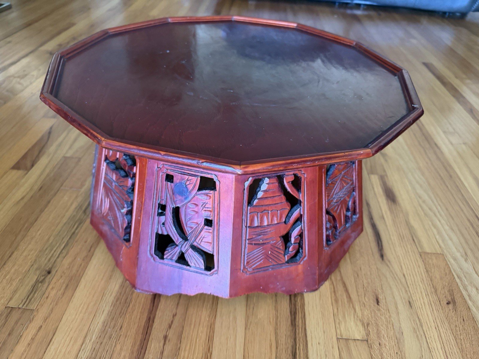 Antique. Vintage. Meiji period red lacquer low octagonal table or plant stand