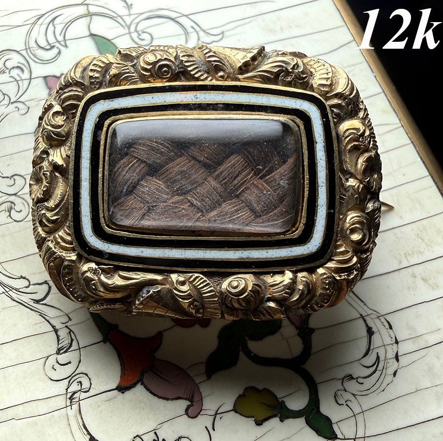 Antique Victorian 12k Gold and Enameled Mourning Pin, Brooch w/ Dark Blond Hair