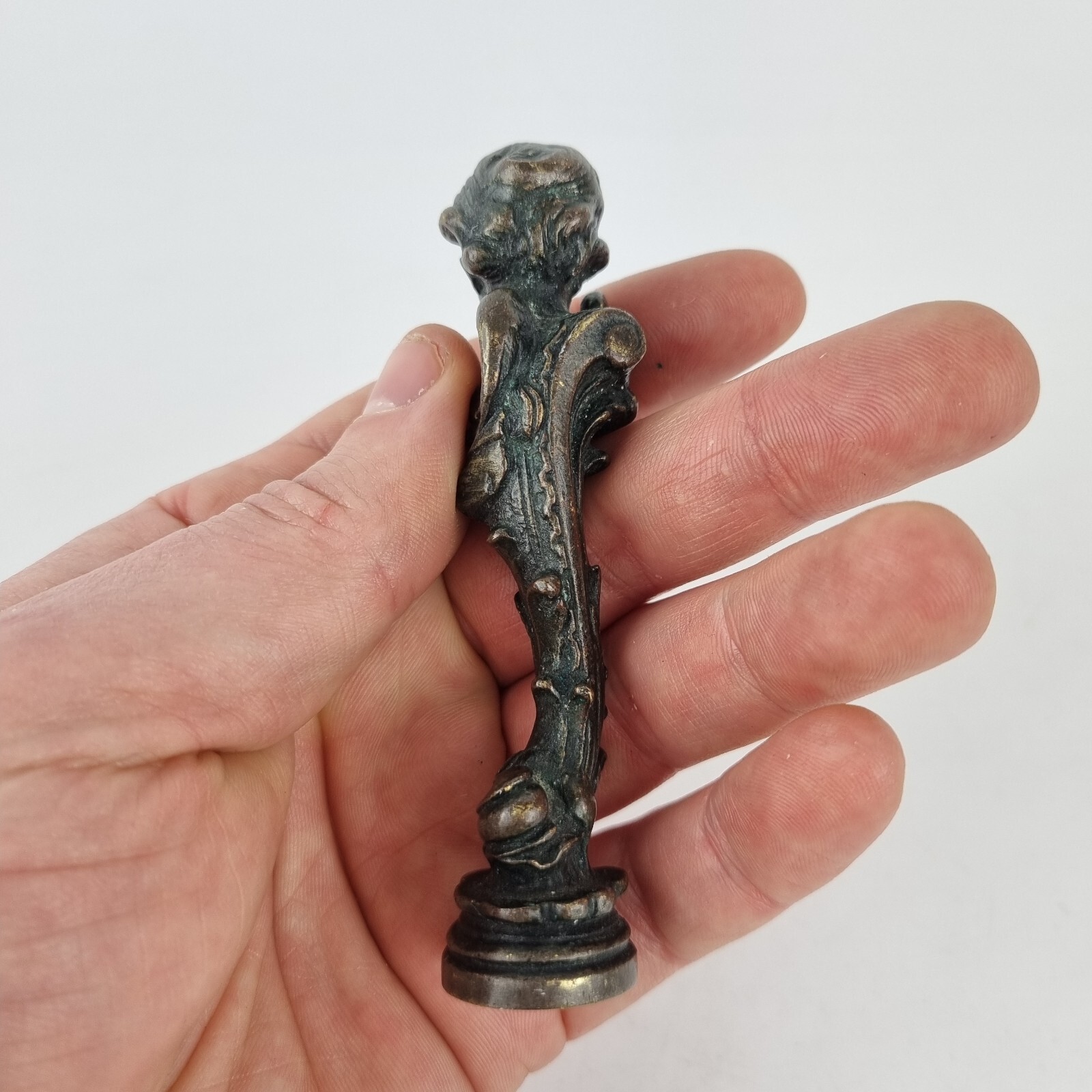 Antique 19th Century Bronze Desk Seal Form Of A Cherub 9.5cm Long