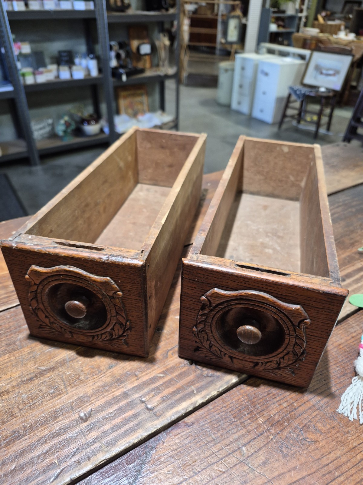 Pair Antique Singer Wooden Sewing Machine Drawer Ornate Storage Craft Parts
