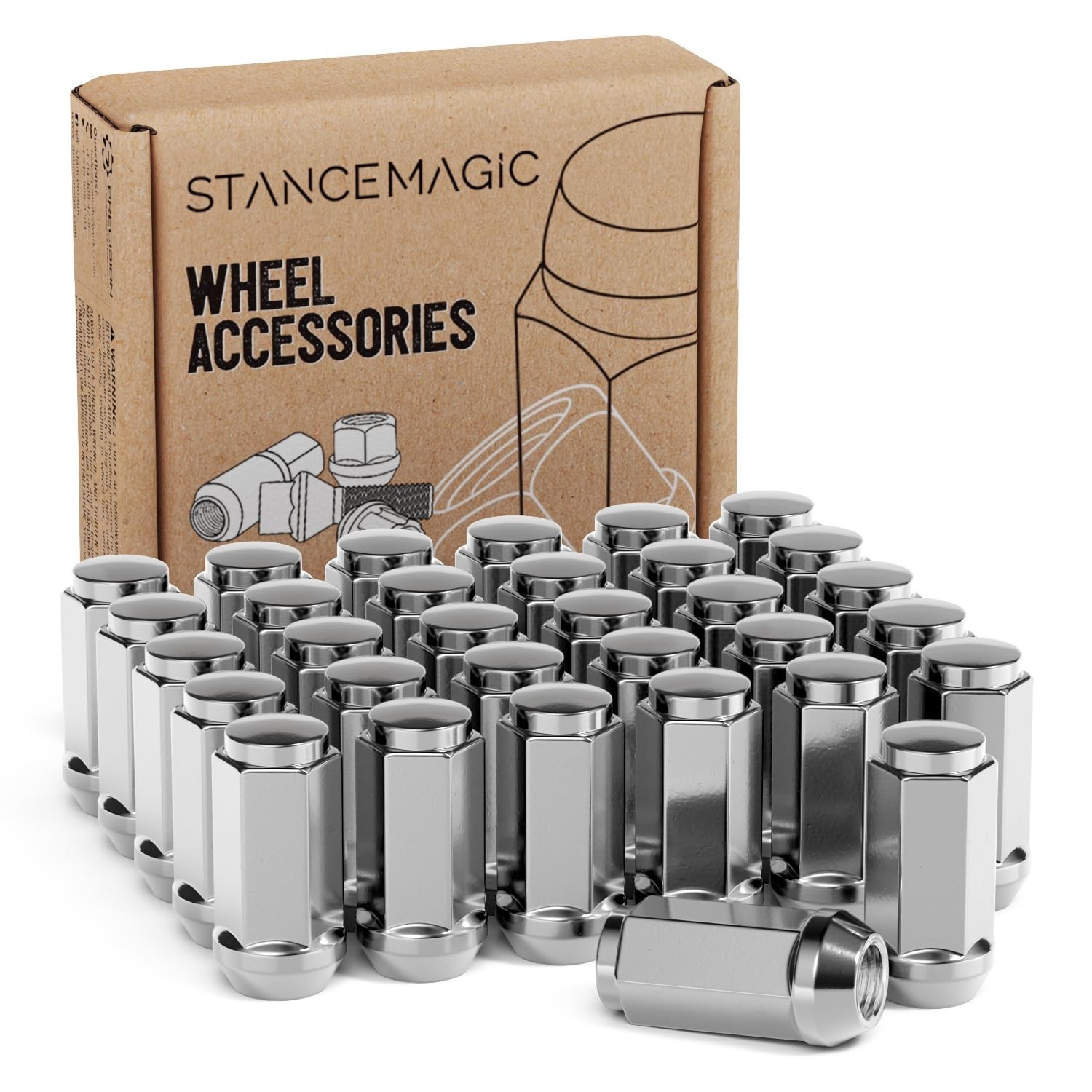 32pcs Silver Chrome Bulge 1/2×20 Lug Nuts – Conical Cone Taper Acorn Seat Clo…
