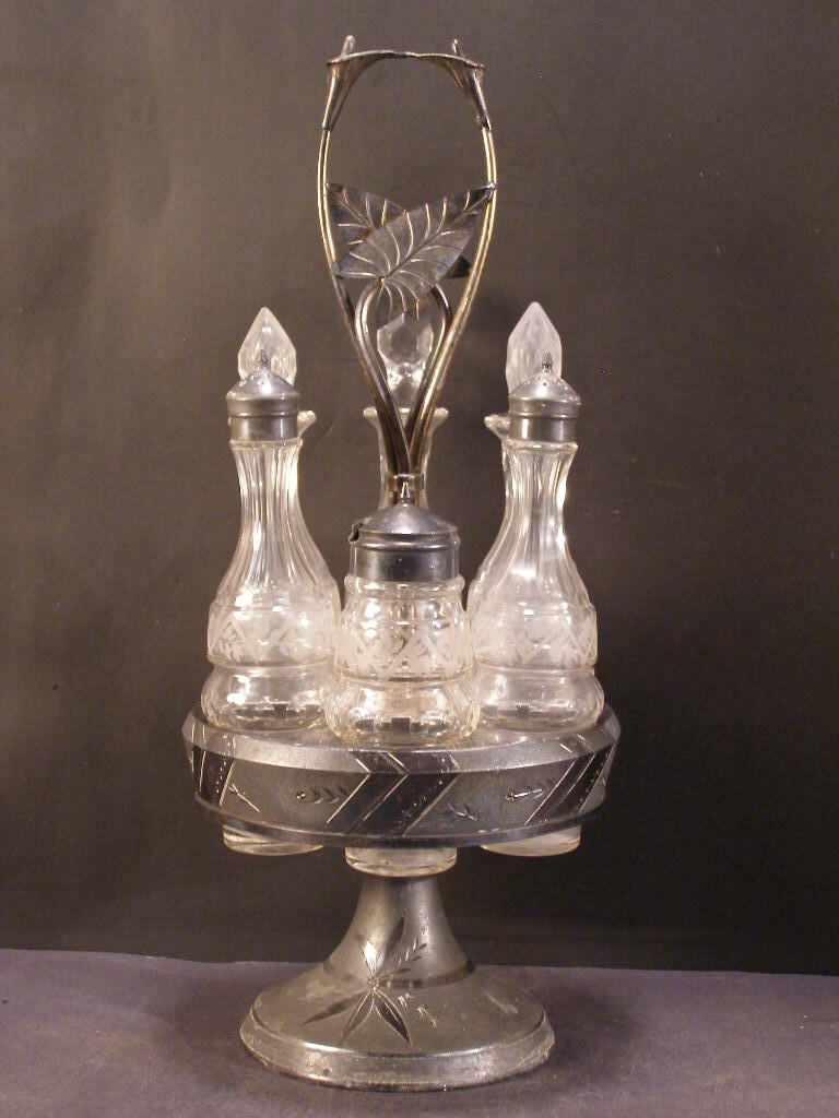 19 c Etch Figural Lily Flower Silver Bottle Castor Condiment Cruet Stand Caddy