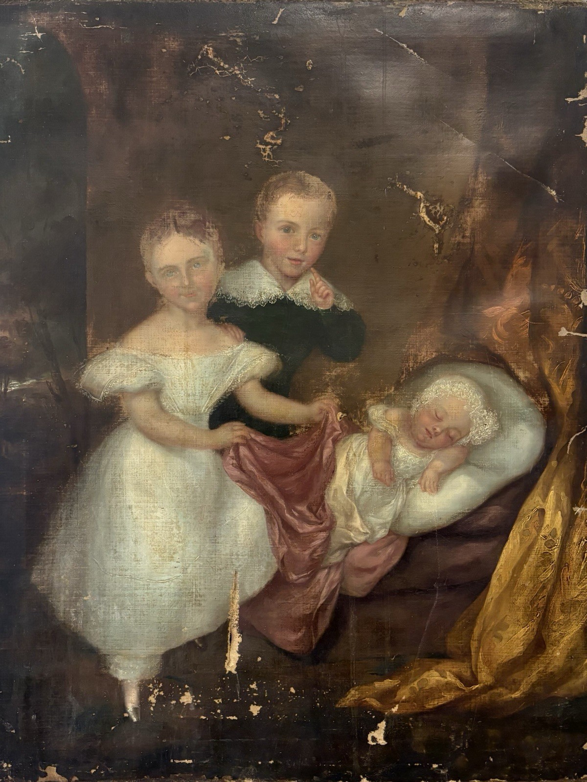 🔥 Fine Antique 1830s Old American FOLK Art Children BABY Portrait Oil Painting