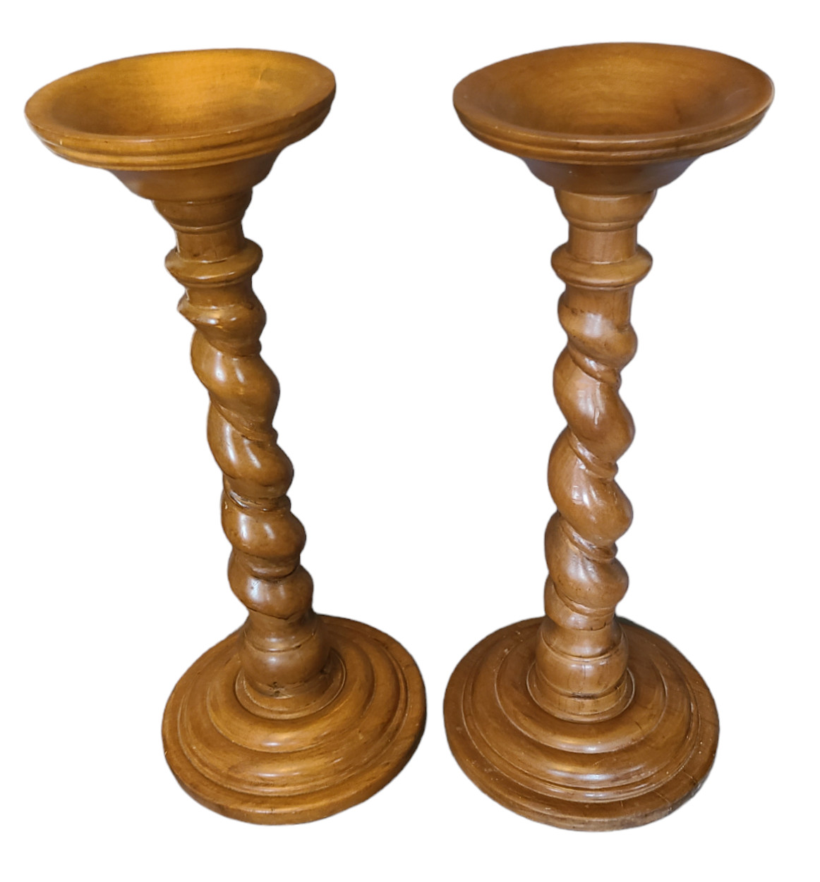 Antique Pair Wood Barley Twist Pedestal Plant Candle Stands 27” High