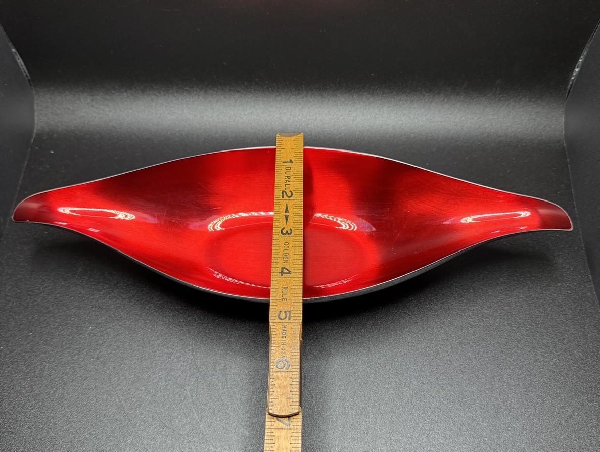 Vintage Wallace Red Enamel Silver Plate Dish Bowl Bling Leaf Shape 4.5×12” MCM