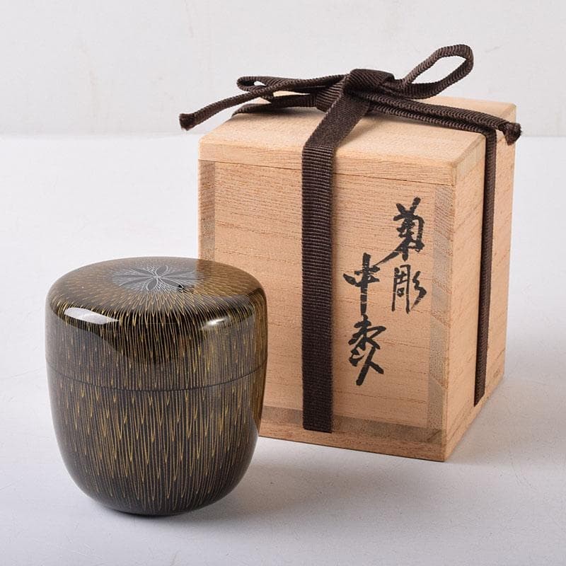 Japanese Gold Makie Chrysanthemum Design Naka Natsume Tea Caddy with Box