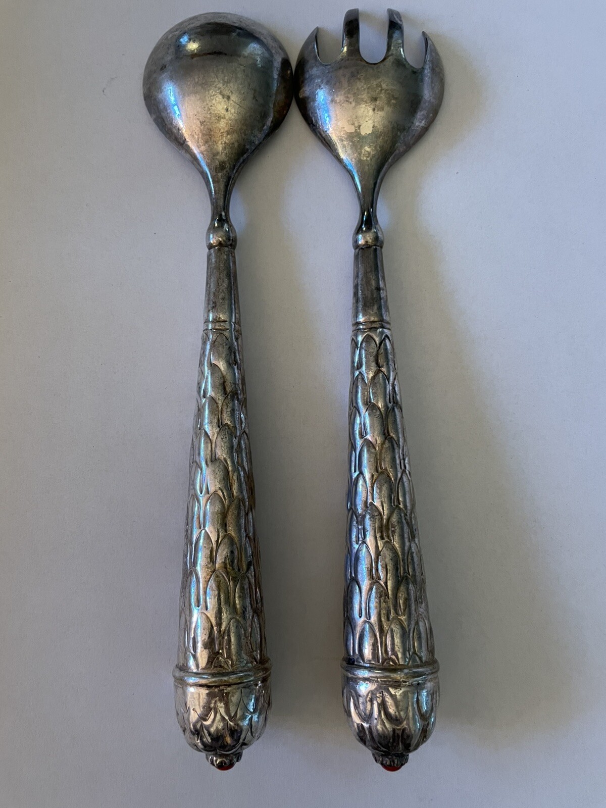 Vintage Silver Plated TWO’S COMPANY Dining Serving Spoon & Fork RED STONE 12”