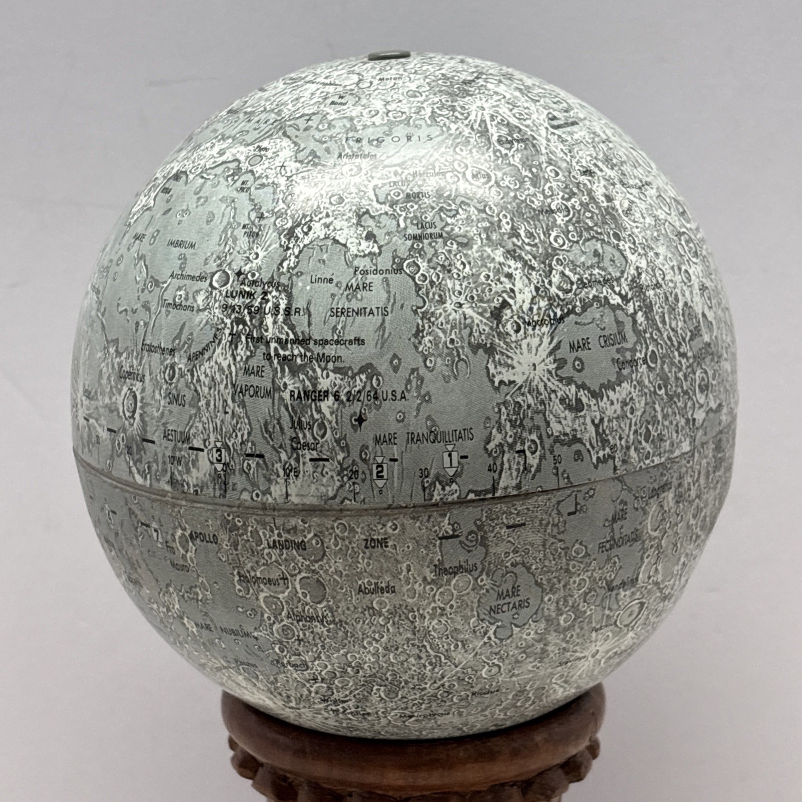 Vtg Replogle Moon Globe Tin Metal Map USA Made 1960s 1970s Lunar With Base. D-77