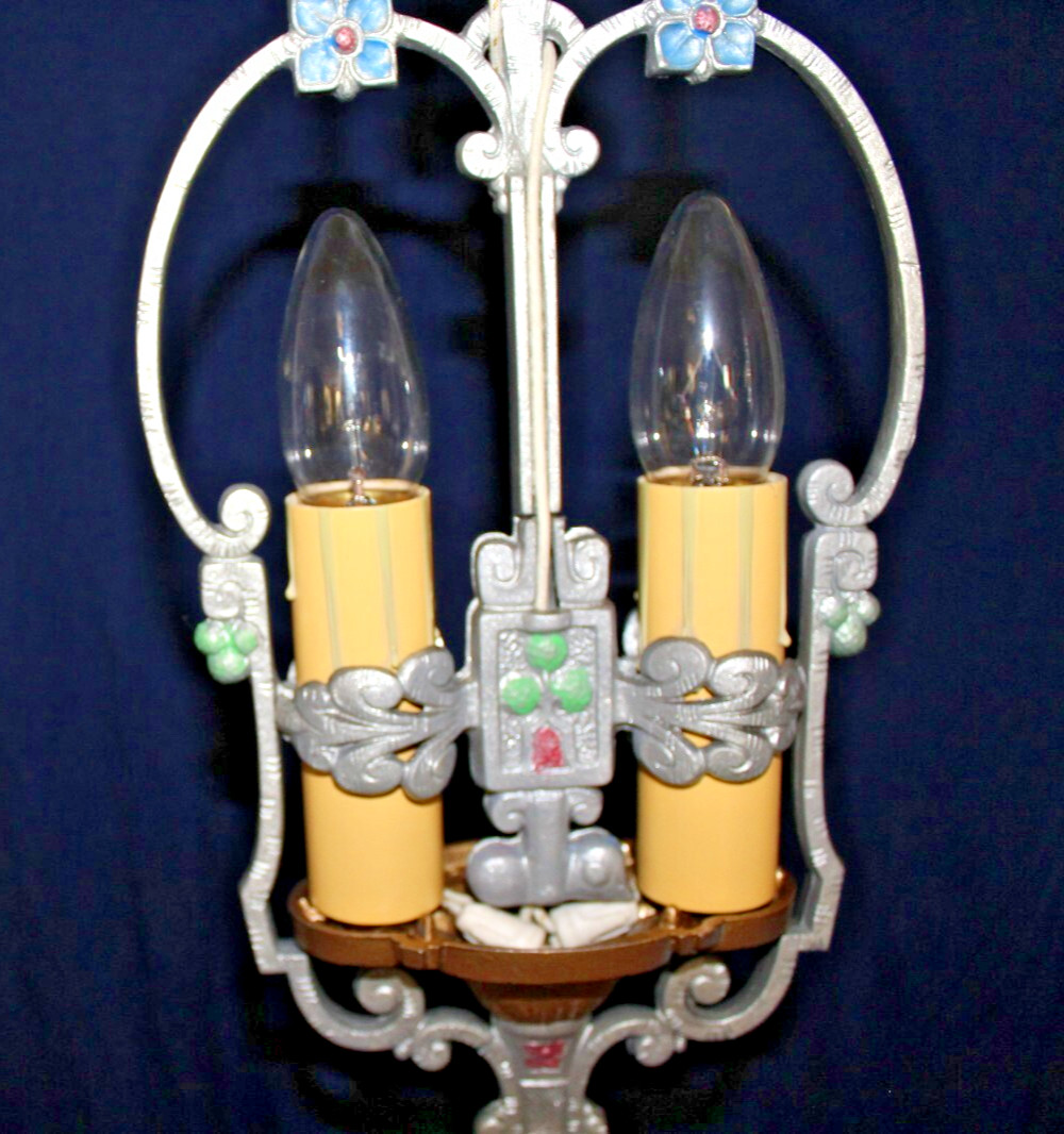 1920s Unique 2 Bulb Brushed Nickel Candle Riddle Co. Pendant Fixture Restored