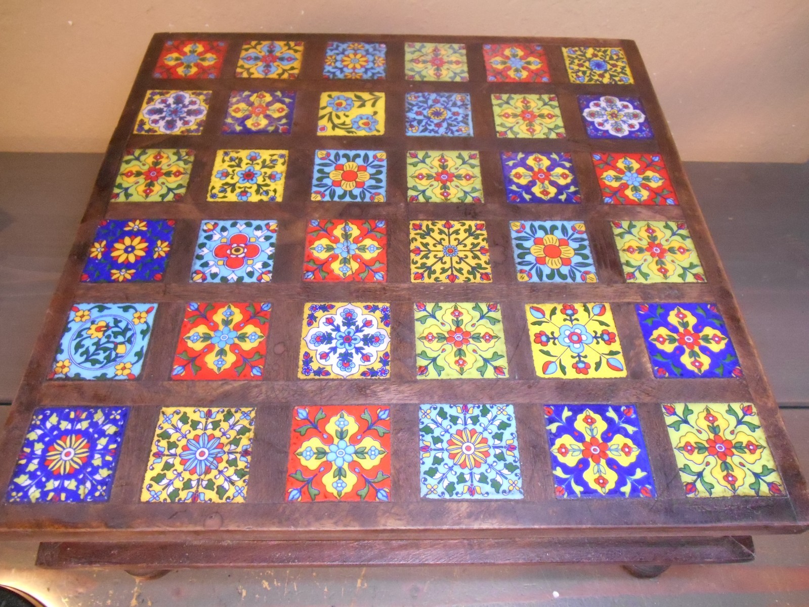 Wooden Chowki Handmade Table Top Riser Monterrey Style Colored Tiles. 15″x15″