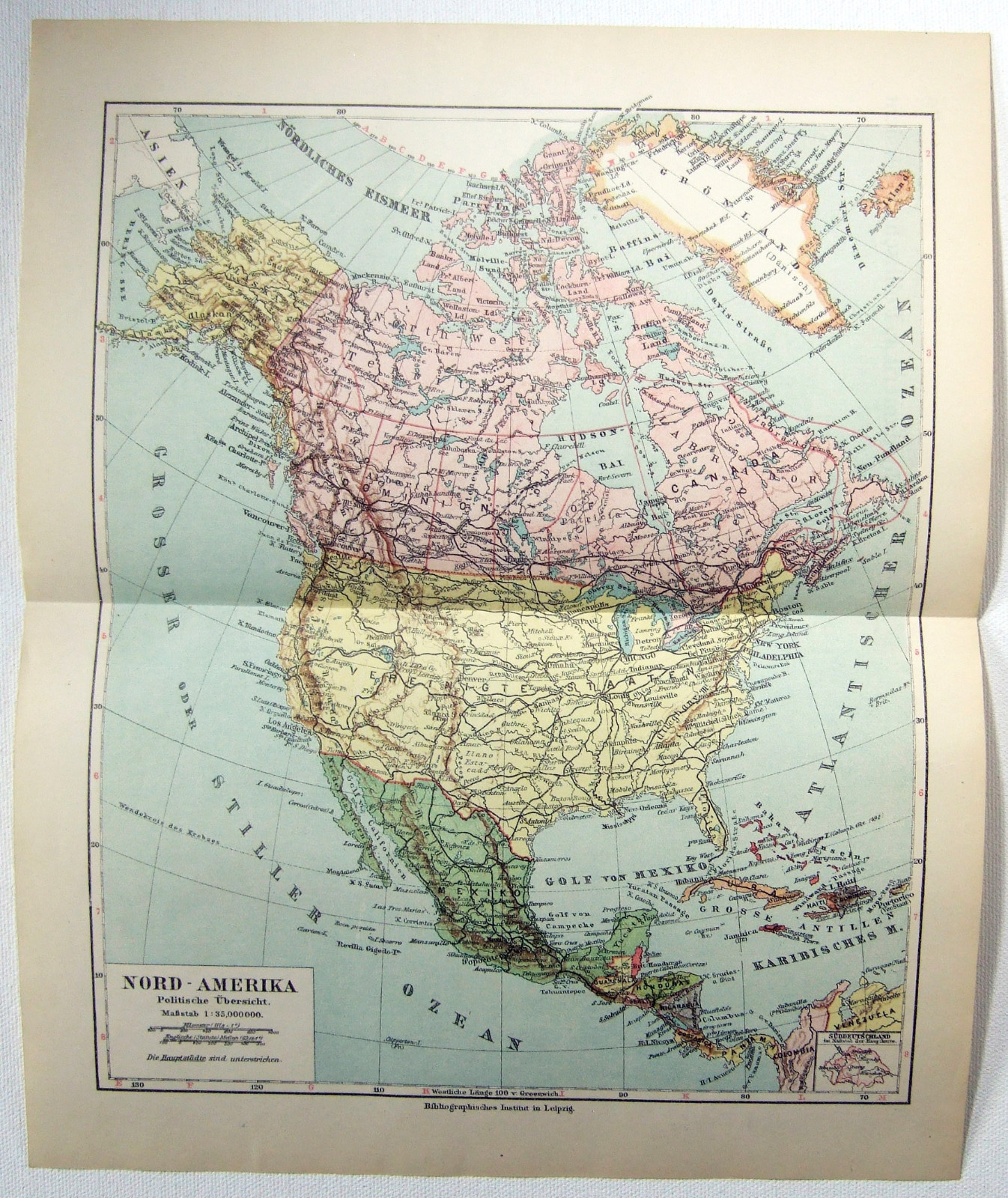 North America – Original 1924 German Language Map by Meyers. Antique