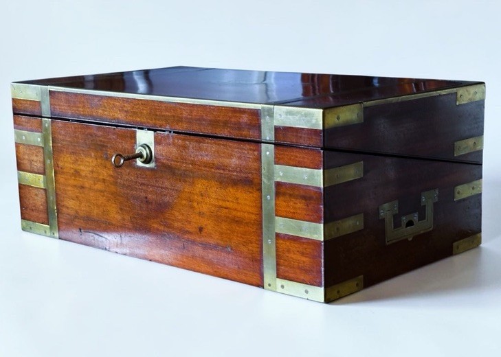 Victorian Mahogany Campaign Writing Slope With Fitted Interior, Secret Drawers.