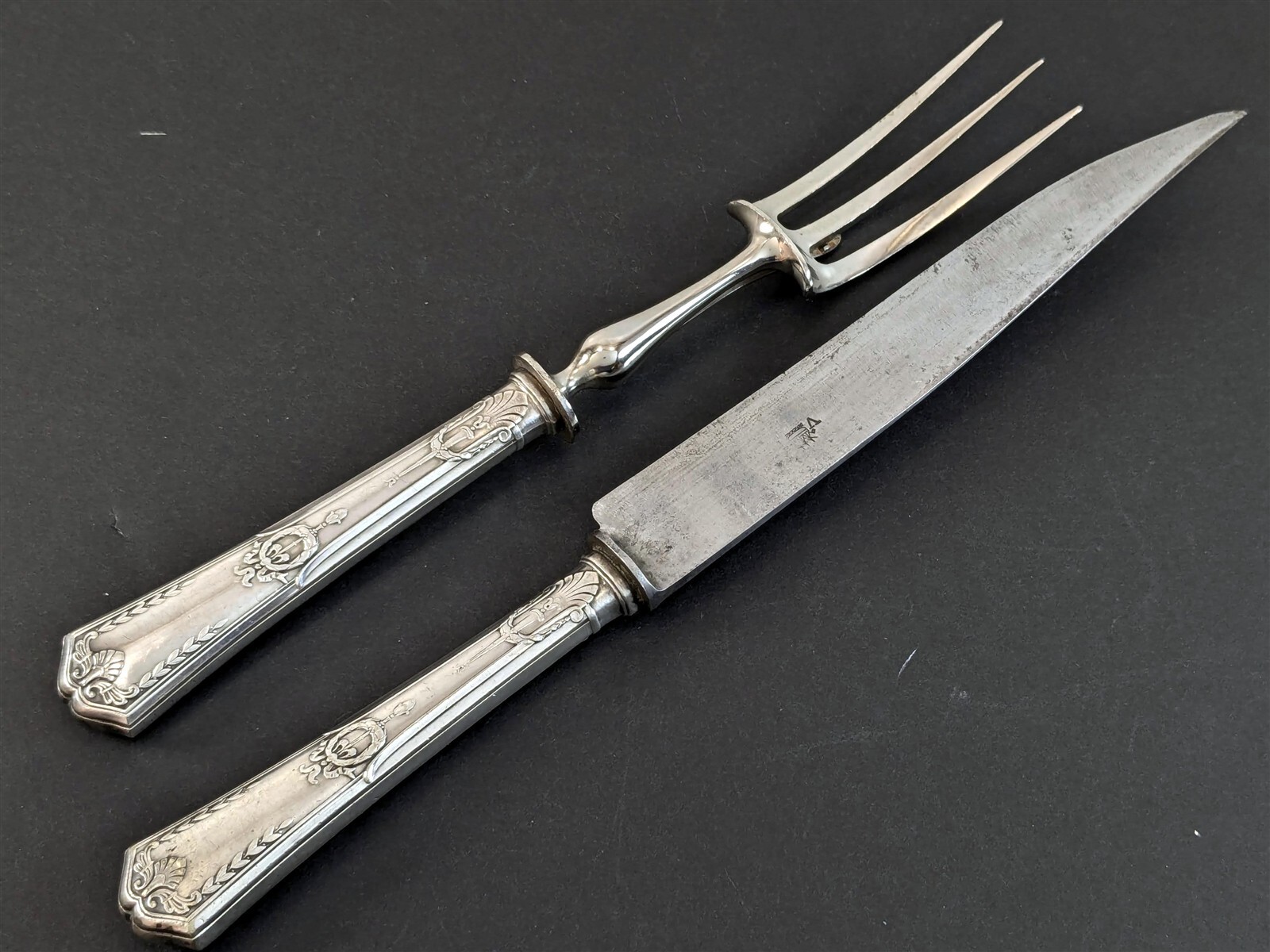 Rouyer V.Langrand EMPIRE Carving Set Knife & Fork Silverplate 1900 CHAMBLY