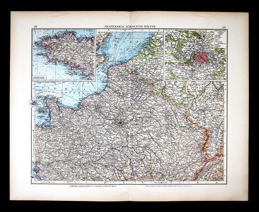 1901 Andrees Map N France Paris Plan Brittany Caen Rouen Amiens Reims Metz Brest