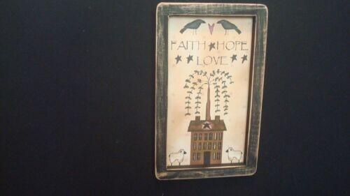 Prim Country Print *FAITH-HOPE-LOVE with sheep* black frame 6 1/2″ x 10 1/2″